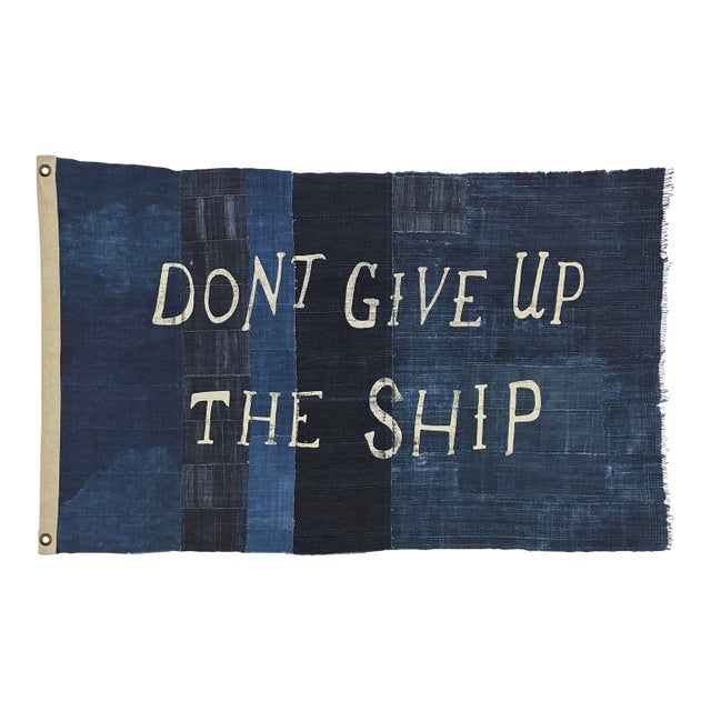 Large Patchwork Indigo Flag, Don't Give Up the Ship, Unique For Sale
