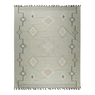 5x8 Ivory Hand-Knotted Wool Diamond Bordered Field Geometric Modern Carpet Rug For Sale