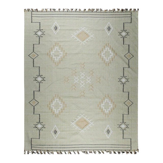 5x8 Ivory Hand-Knotted Wool Diamond Bordered Field Geometric Modern Carpet Rug For Sale