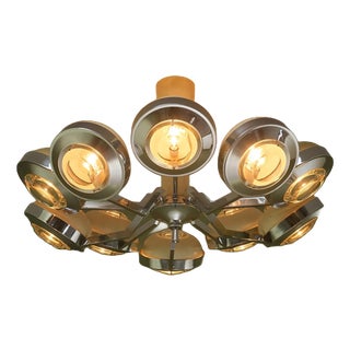 Large Round 10-Armed Chandelier with Glass Lens Diffusors by Oscar Torlasco, Italy, 1970s For Sale