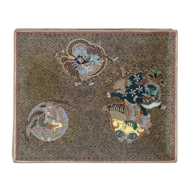 Copper Late 19th Century Antique Japanese Cloisonne Enamel Meiji Box Dragon, Foo Dog, Phoenix Bird, Butterfly For Sale - Image 8 of 12