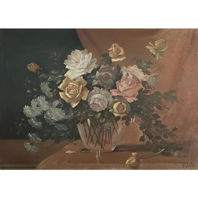 Tempera on panel, Vase of Flowers, Raffaele Baldi Painting with soft, delicate colors, embellished with a white lacquered...