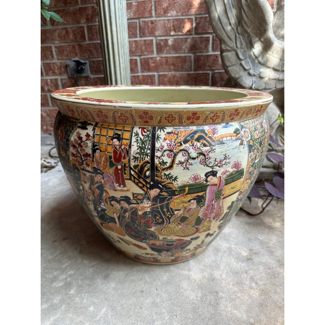 Vintage Large Chinoiserie Chinese Famille Rose Fish Bowl Planter With Courtyard Scene & Goldfish Interior, C. 1950s For Sale - Image 10 of 10