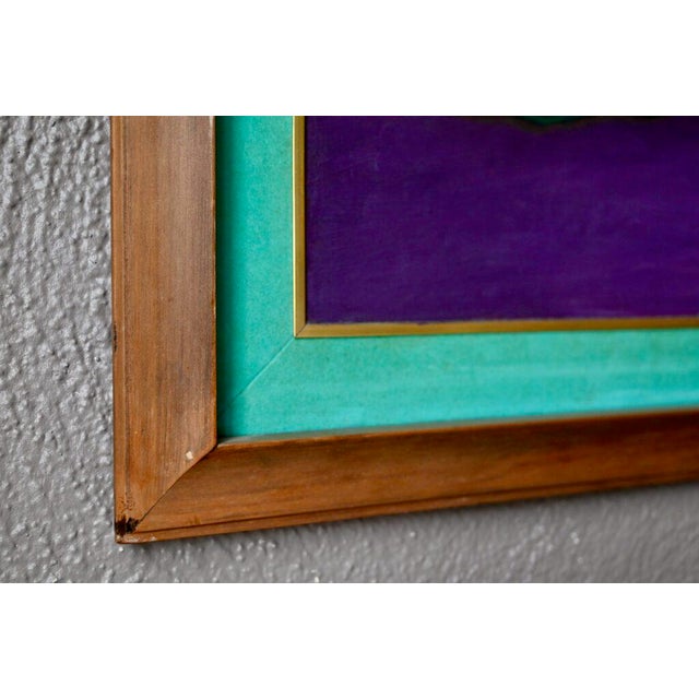 Brightly colored composition, acrylic paint. Wooden frame. Beautiful old painting, original and decorative. Light traces...
