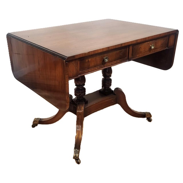 Wood 19th C English Regency Carved Brass Inlaid Rosewood Drop Leaf Sofa Table Desk For Sale - Image 7 of 18