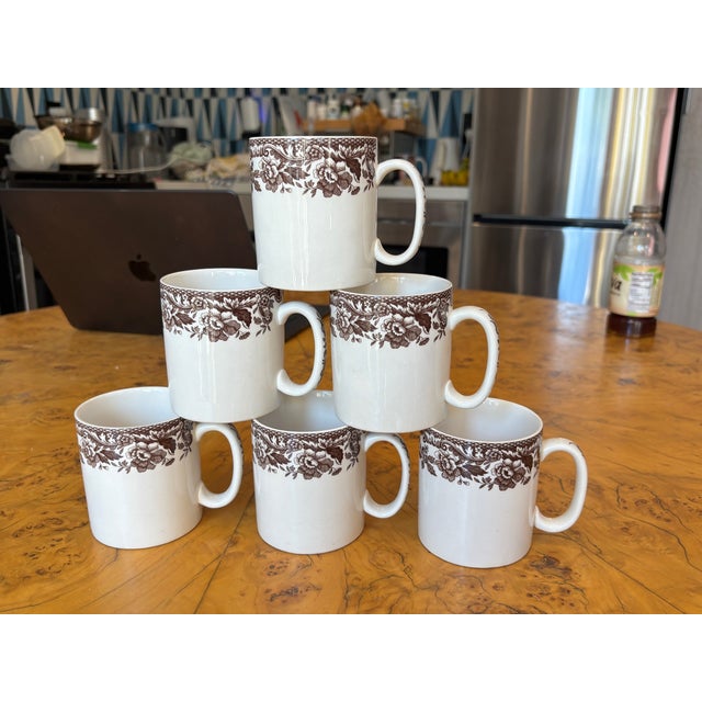 Vintage Spode Delamere Brown Transferware Coffee Mugs - Set of 6 For Sale - Image 9 of 13