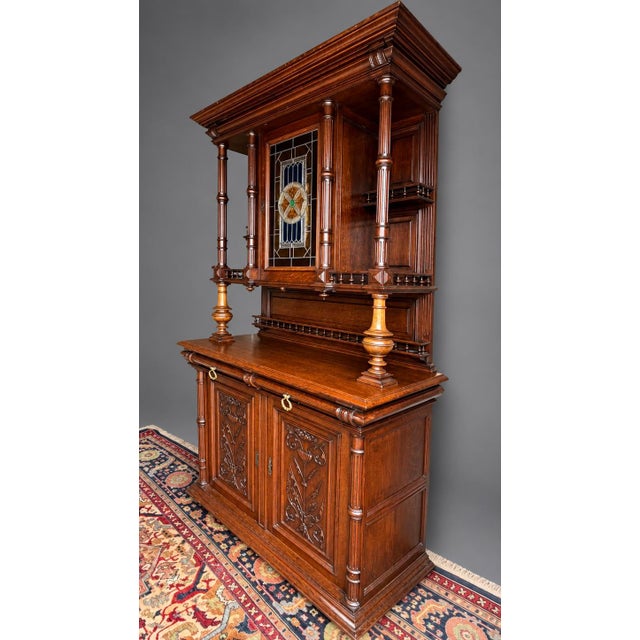 Late 19th Century French Carved Oak Two Piece Cupboard With Stained Glass For Sale - Image 4 of 7
