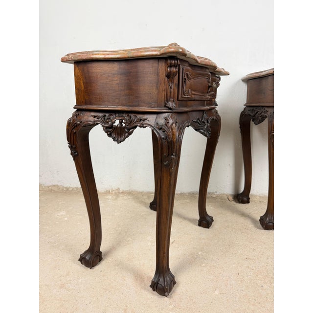 Pair of French Louis XV Style Nightstands with Marble Tops For Sale - Image 12 of 15