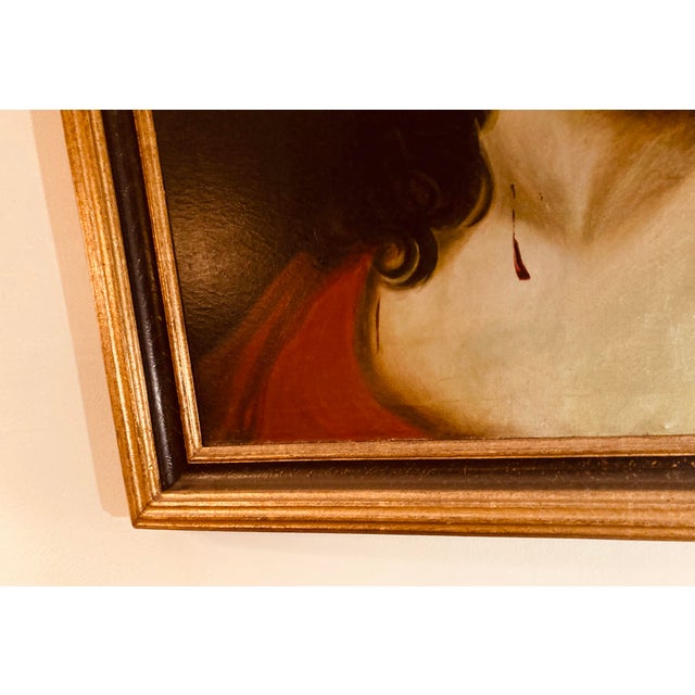 1920s Antique Oil Portrait of Jesus Christ With Crown of Thorns Shoulder Draped With Scarlet Robe Painted in 1922 D Ferreiro For Sale - Image 5 of 11