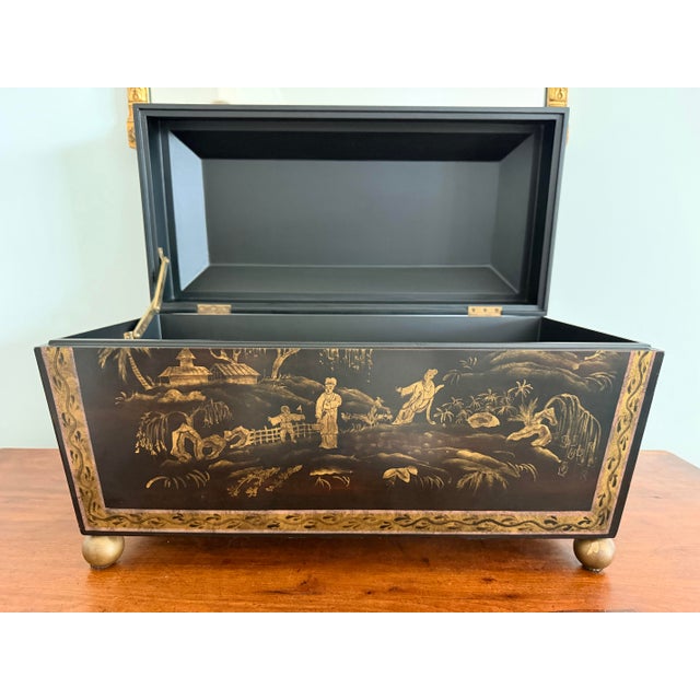 Wood Large Regency Style Black and Gold Chinoiserie Decorated Box For Sale - Image 7 of 12