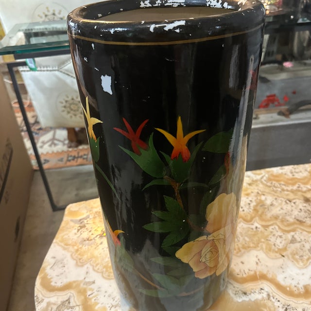 Vintage Ceramic Asian Style Black Umbrella Stand For Sale - Image 4 of 5