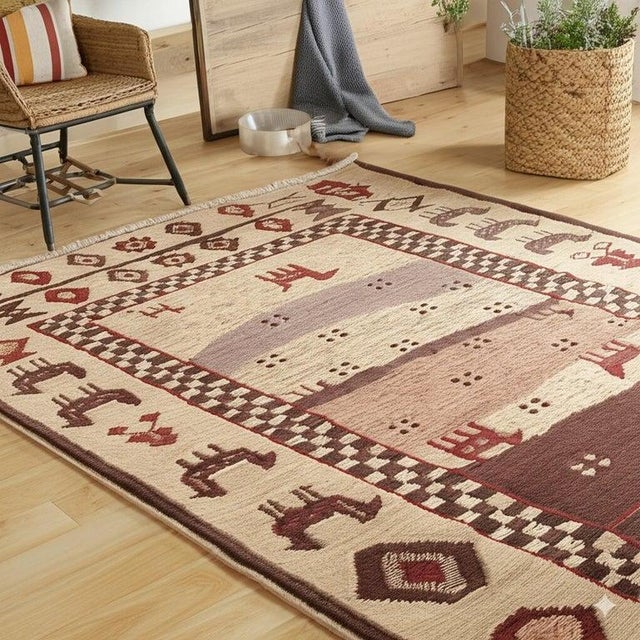 2020s 6x9 Ivory Hand-Knotted Wool Animal Silhouette Landscape Traditional Carpet Rug For Sale - Image 5 of 6