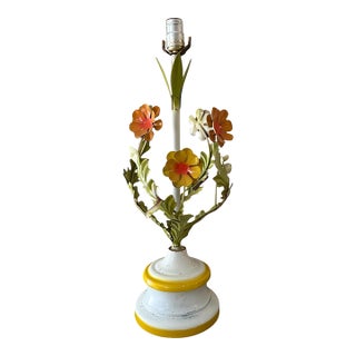 Vintage Italian Style Tole Floral Table Lamp – Hand-Painted Metal For Sale