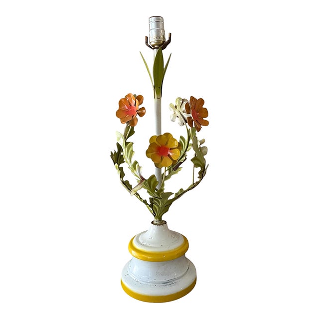 Vintage Italian Style Tole Floral Table Lamp – Hand-Painted Metal For Sale