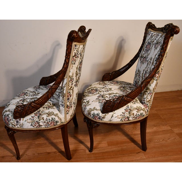 White 1930s Pair of French Mahogany Spring-Seat Living Room Side Fireplace Chairs For Sale - Image 8 of 11