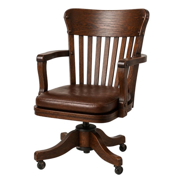 Early 20th Century Old Chapel Satin Walnut™ Executive Swivel Chair in Solid Oak With Leather Cushion & Original Cast-Iron Mechanism For Sale