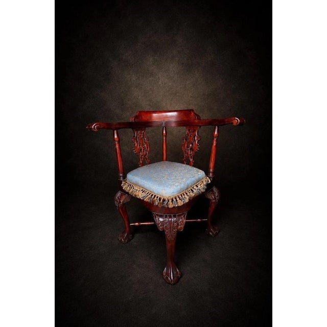 Chippendale Carved Mahogany Corner Chairs with Cane Seats and Cushions, 1890s, Set of 2 For Sale - Image 4 of 9