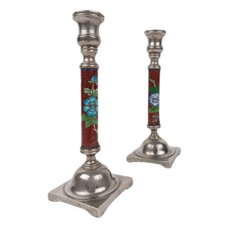 Red Cloisonné and Metal Candlesticks with Birds and Flowers, 1960s, Set of 2 For Sale