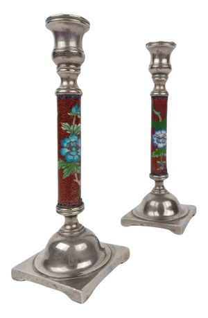 Red Cloisonné and Metal Candlesticks with Birds and Flowers, 1960s, Set of 2