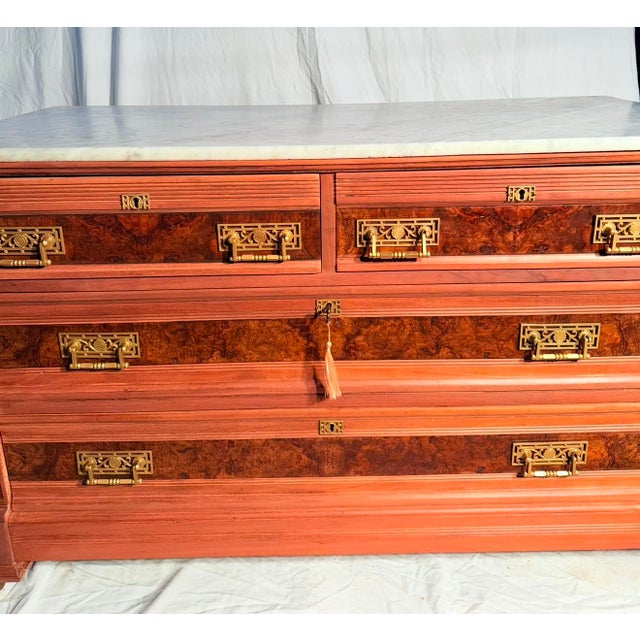 American 1870–1890 Antique Eastlake Walnut & Burl Marble-Top Chest of Drawers For Sale - Image 3 of 11