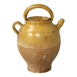 Antique French Authentic Ceramic Water Pitcher, or 'Cruche' With Handle and Lid For Sale