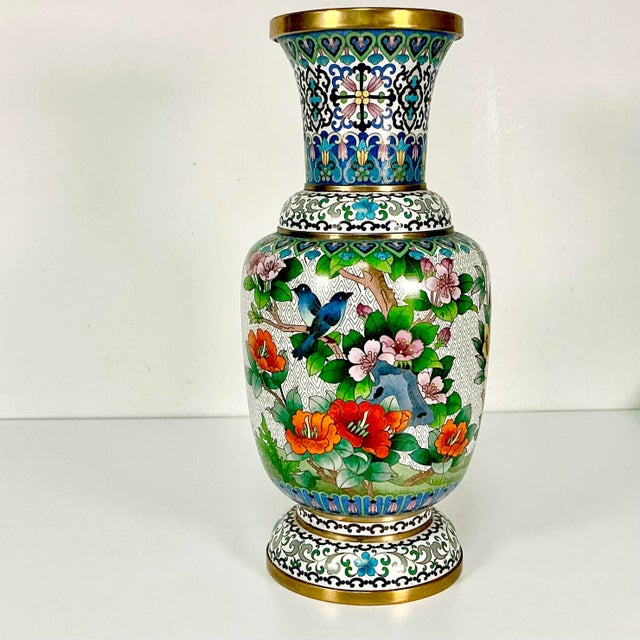 Metal Antique Chiniosierie Hollywood Regency Phoenix Cloisonne Vase. For Sale - Image 7 of 15
