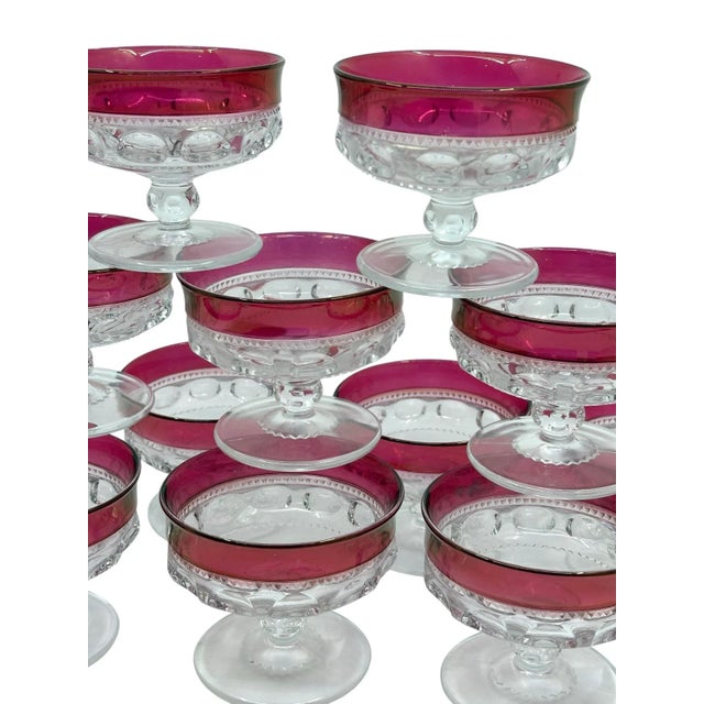 Mid 20th Century Vintage Indiana Glass Kings Crown Cranberry Champagne Sherbet Glasses- A Set of 12 For Sale - Image 5 of 11
