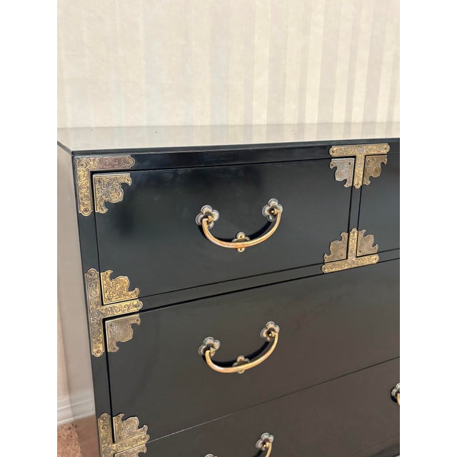 1960s-70s Chokin Art Collection asian-style campaign black lacquered w/ brass accents 7-drawer dresser/chest. Excellent...