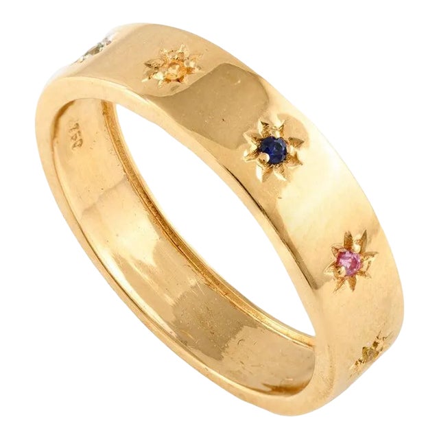 Starburst Multi Sapphire Studded Band Ring in 18k Solid Yellow Gold Size 4 For Sale