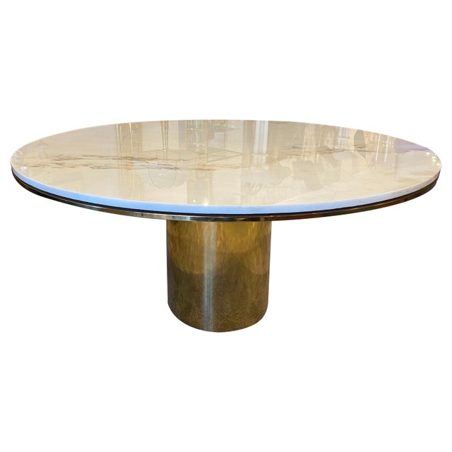 Large Polished Bronze & White Marble Top "Anello" Dining Table by Brueton For Sale - Image 15 of 16