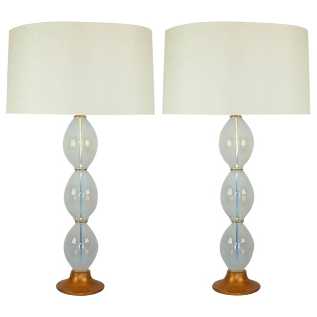 Stacked egg vintage Murano glass table lamps of WHITE OPALINE. Because of the Opaline, they read a very SOFT BLUE, and a...