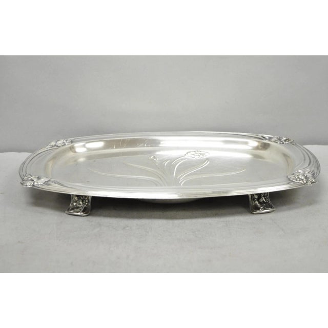 Art Nouveau Vintage 1847 Rogers Bros Daffodil 9910 Silver Plated Meat Serving Platter Tray For Sale - Image 3 of 14