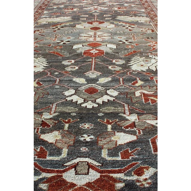 Red and Charcoal Antique Hand Knotted Persian Hamedan Runner With All-Over Floral Design For Sale - Image 9 of 12