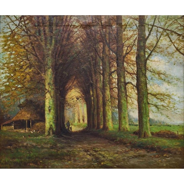 Oil on canvas, signed. Atmospheric landscape painting depicting an avenue of mature trees forming a natural arch above a...