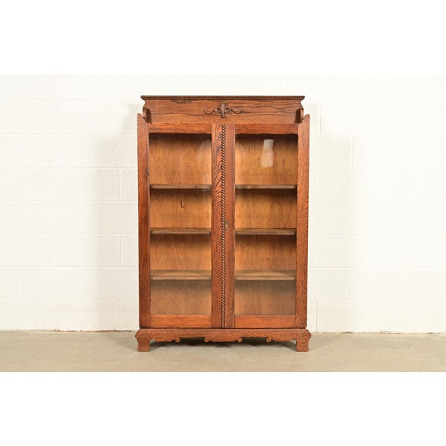 Antique Victorian Two-Door Carved Oak Bookcase Cabinet, Circa 1900 For Sale - Image 13 of 13