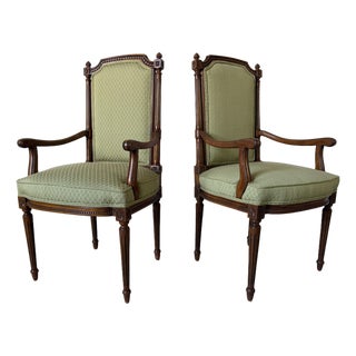 Vintage French Louis XVI Style Carved Walnut Armchairs With Green Upholstery – A Pair For Sale