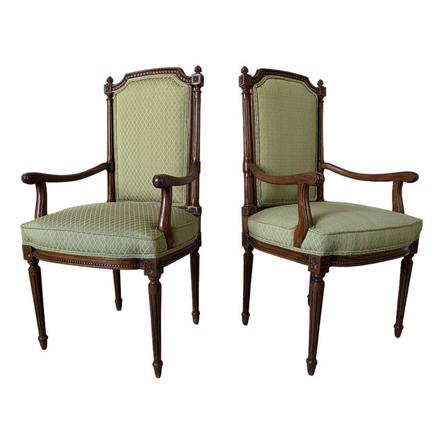 Vintage French Louis XVI Style Carved Walnut Armchairs With Green Upholstery – A Pair For Sale