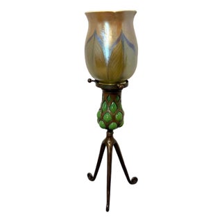 Early 20th Century Tiffany Studios Candleholder w/ Tiffany Studios Art Glass Shade For Sale