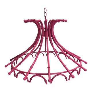 Grand 1970s Hollywood Regency Palm Beach Chic Faux Bamboo Berry Pink Pagoda One Light Chandelier For Sale