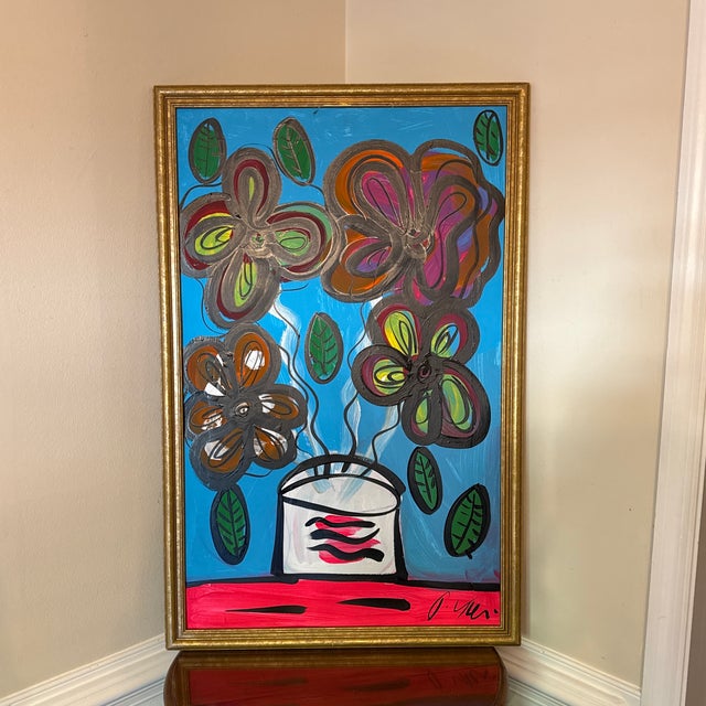 Blue 1970s Peter Keil Flowers Abstract Painting ~ Framed For Sale - Image 8 of 11