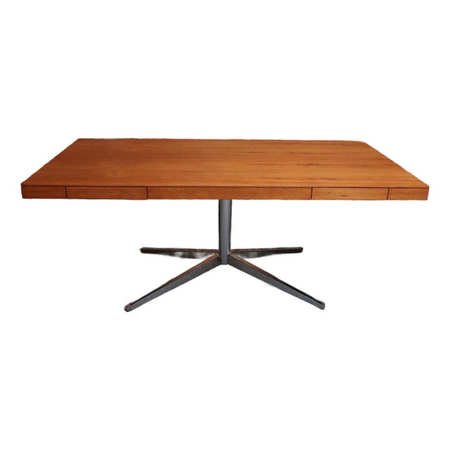 Vintage Florence Knoll Teak and Chromed-Steel Partner's Desk / Executive Desk For Sale
