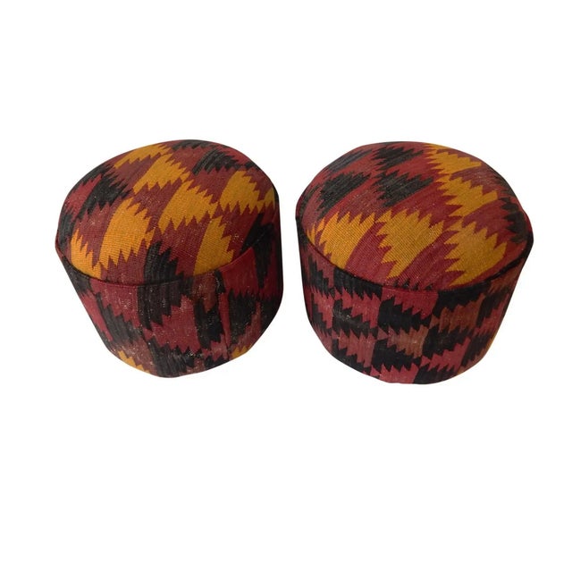 Rare Old Custom Made Geometric Turkish Tribal Kilim Ottomans/Footstools - Pair 16" H For Sale - Image 4 of 8