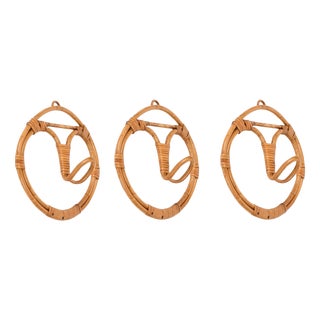 Round Coat Hooks in Rattan and Woven Wicker attributed to Franco Albini, Italy, 1960s, Set of 3 For Sale