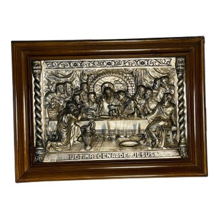 1940s Spanish Last Supper Basrelief Silverplate Embossed Framed For Sale