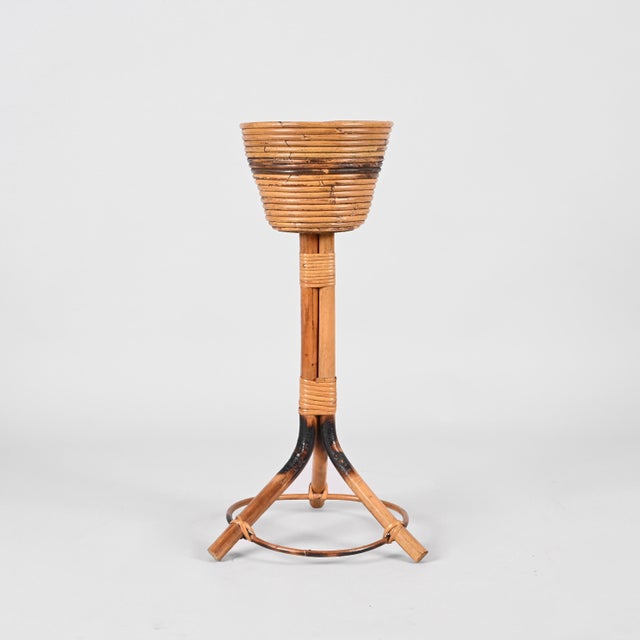 Wood Mid-Century Italian Round Bamboo Cane and Rattan Plant Holder, 1950s For Sale - Image 7 of 18