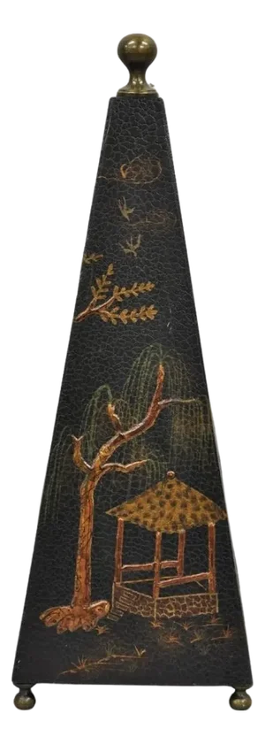 Late 20th Century Castillian Imports Chinoiserie Black Lacquer Painted Obelisk Pyramid