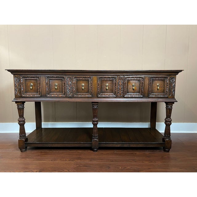 Antique English Dresser Base Sideboard Potboard Jacobean Carved Oak c1890. Direct from England, an impressive antique oak...