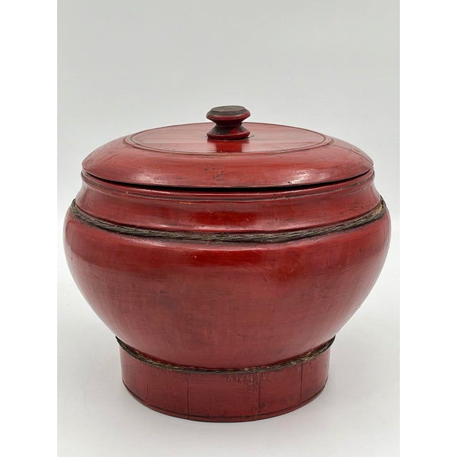 Red Antique Chinese Red Lacquered Round Wood Box Rice Bucket With Lid For Sale - Image 8 of 11