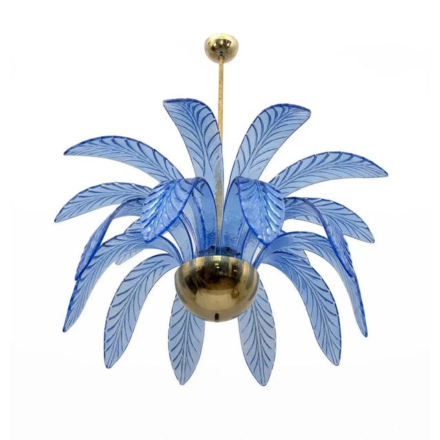 Mid-Century Modern Palm Leaves Chandelier in Light Blue Murano Glass and Brass, 1970 For Sale - Image 6 of 9