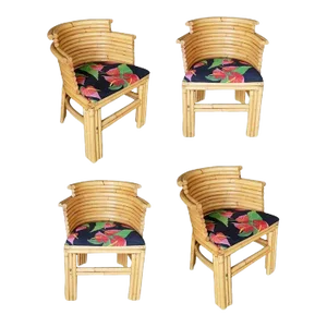 1930s Restored Streamlined Art Deco Stacked Rattan Dining Side Chairs- Set of 4